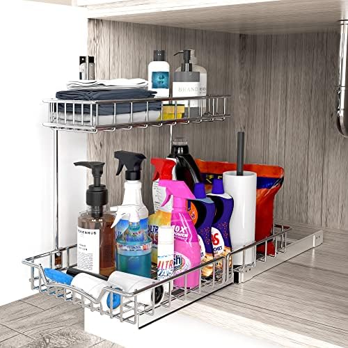 Simple Houseware 2-Tier (L+M) Pull Out Under Cabinet Sliding Shelf, Chrome - Image 7