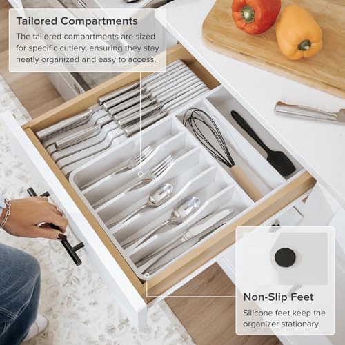 KitchenEdge Silverware & Utensil Organizer, Fixed 10.5 in, White | Cutlery, flatware holder, rounded corners, 7 compartments, non-slip feet, kitchen drawers - Image 6