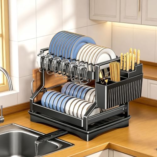 Black 2 Tier Dish Drying Rack Stainless Steel for Kitchen Counter - Image 6