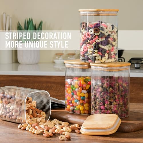 D2scrma 37oz Airtight Glass Square Storage Canisters with Bamboo Lids Set of 4 (1100ml) Striped Stackable Containers, Decorative Kitchen Jars for Tea, Nuts and Coffee (with Black Lable) - Image 6
