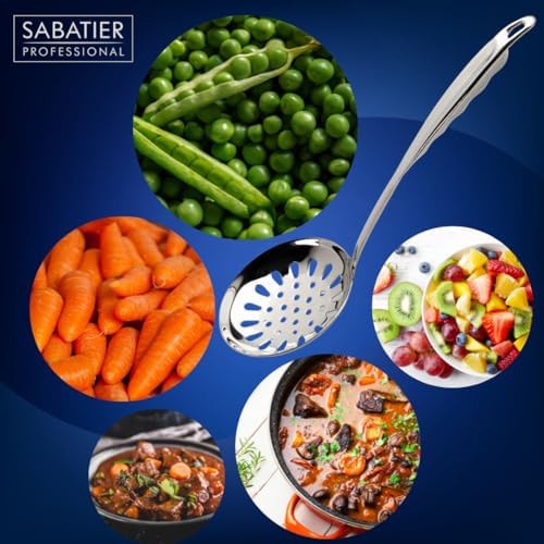 Sabatier Professional Large Metal Skimmer - Mirror Polished Stainless Steel Cooking Spoon for Draining Frying Oil, Serving Boiled Veg Or Pasta. Strong Construction. 5 Year Guarantee, Dishwasher Safe - Image 7