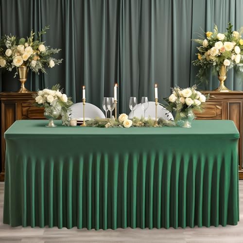 Wish Care 6 Pack Hunter Green Stretch Spandex Table Clothes for 8 Foot Rectangle Tables, 8FT Wrinkle Free Fitted Tablecloths Ruffles Design Table Cover for Party, Banquet, Wedding and Events - Image 6