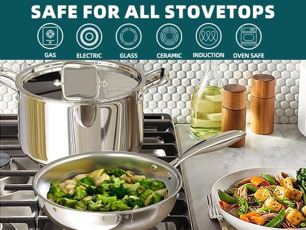 Umite Chef Stainless Steel Cookware Set, 5 Ply 14 Piece Stainless Steel Pot and Pan Set-Induction, Heavy Chef Quality, Oven Safe | Professional Kitchen Cooking Appliances, PFOA, PTFE & PFOS Free - Image 8