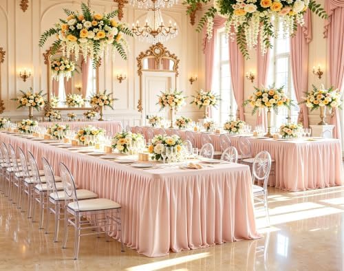 PARTISKY 2 Pack Pale Pink Tablecloths for Rectangle Tables 4ft, Wrinkle Resistant Table Cover Fitted Stretch Table Cloth with Pleated Ruffle Skirts for Party Banquet Dining Birthday Wedding - Image 4