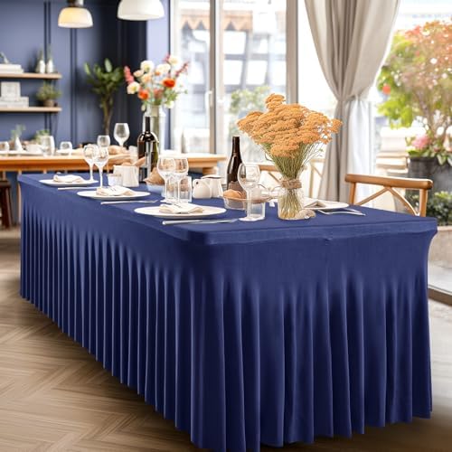 PARTISKY 4 Pack Navy Blue Table Cover for Rectangle Tables 8ft,One-Piece Spandex Elastic Table Cloth with Skirt for Wedding Folding Table Banquet Baby Shower & Birthday Parties - Image 6