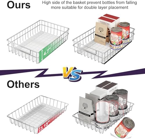 Pull out Cabinet Organizer, Stainless Steel 2-Pack Slide out Drawer with Silent Full-Extension Slides, Adhesive Roll out Can Spice Storage Basket Shelf Rack for Pantry, Kitchen, Bathroom, Home Closet - Image 6