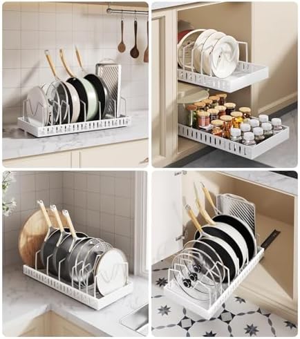 Lozovin Pull Out Pots and Pans Organizer Under Cabinet, Sliding Lid Holder and Pan Rack in Kitchen, Slide Out inside Cabinet Storage for Pot Lid, Bakeware, Dishes, 8 Adjustable Dividers, 1 Pack White - Image 7