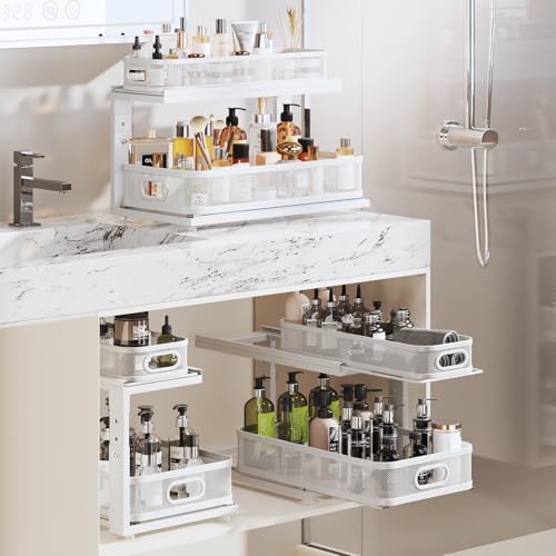 2 Pack 21IN-Depth Under Sink Organizer With Next-Gen Ball-Bearing Slides,2-Tier Precision Mesh Pull Out Cabinet Storage for Bathroom&Kitchen,Height Adjustable Drawers Shelf,Anti-rust-White - Image 7