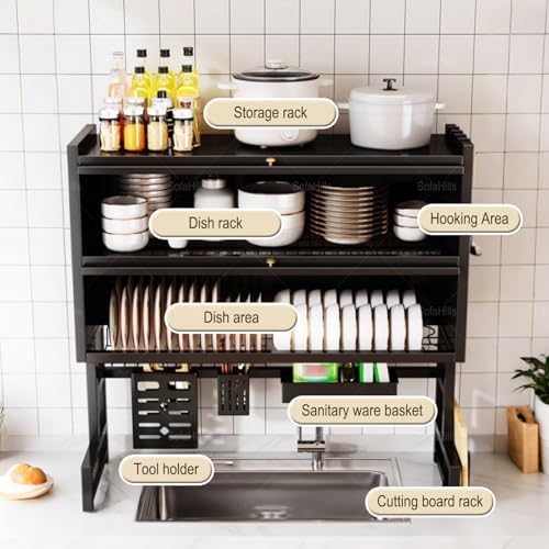 Over Sink Dish Drying Rack 2 Tier Stainless Steel Dish Drainer with Cover and Utensil Holders Large Capacity Space Saving Kitchen Organizer - Image 6