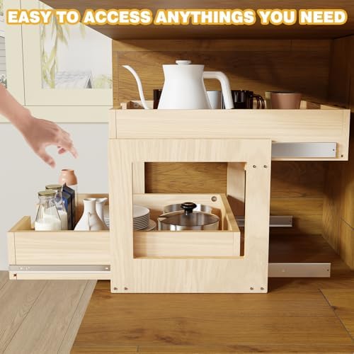 Pull Out Cabinet Organizer, 17''W×21''D×16''H Soft Close Slide Out Wooden Pull out Drawers, Double Tier Slide out Wood Cabinet Organizer, for Base Cabinet Organization in Kitchen, Pantry, Bathroom - Image 6