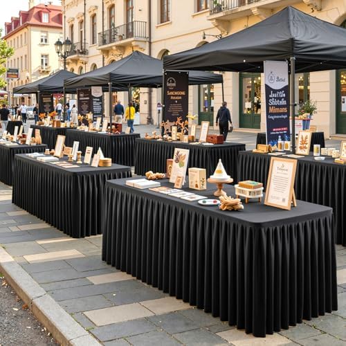 Black Polyester Table Cloths for Rectangle 4 Foot Tables, 2 Pack Wrinkle Free Tablecloths Stretchy Banquet Ruffle Fitted Table Cover Desk Skirt for Parties Wedding Birthday Baby Shower - Image 7