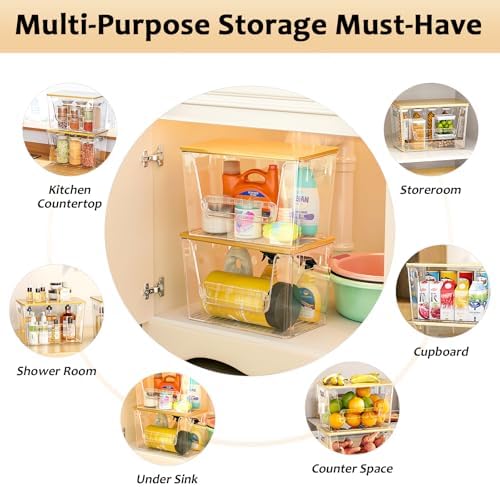 Delamu 4 Pack Pantry Organizers and Storage,Trash Bag Dispenser with Bamboo Top,Stackable Trash Bag Dispenser Under Sink Organizer for 4-30 GalBags,Onion,Potato,Fruits,Clear - Image 6