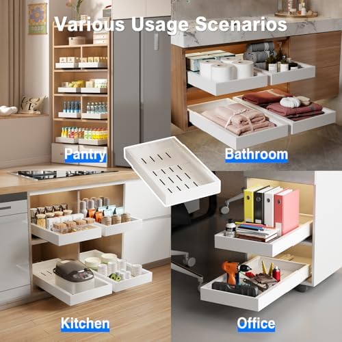 MUSTORN 2 Pack Pull Out Cabinet Organizer, 21.8" Deep Slide Out Drawer for Cabinets Adhesive Pull Out Drawers Heavy Duty Pull Out Shelves for Kitchen, Cupboard, Pantry, Bathroom-White - Image 6