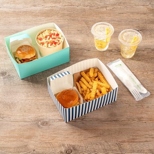 Restaurantware Bio Tek 8.4 x 6.1 x 3.5 Inch Burger Trays 100 Disposable Paper Food Trays - Sustainable Sturdy Blue And White Paper Movie Snack Trays For Meals Snacks And Baked Goods - Image 6