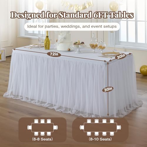 CO-AVE 6pack White Tulle Tablecloth for 6ft Rectangular Tables, 2-in-1 Elastic Stretch Spandex Cover with Tutu Ruffle Skirt, Wrinkle Free for Wedding, Birthday, Banquet, Buffet, Bridal Shower - Image 6