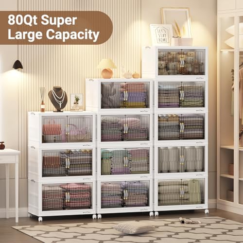 BROVIEW 320Qt Stackable Storage Bins with Lid, Extra Large Closet Organizer Collapsible Drawer Boxes with Wheels, Folding Plastic Cabinet Containers for Home Kitchen Room Organization, 4Pack White - Image 6