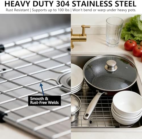 AWOKE Sink Rack for Bottom of Sink (24 x 12 Inch), Center Drain Sink Protectors for Kitchen Sink, 304 Stainless Steel Heavy Duty Metal Wire Grate for Single Bowl Farmhouse Sink Bottom,Soft Rubber Feet - Image 6