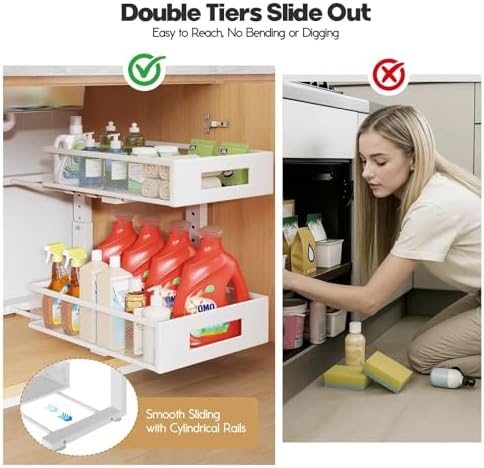 Under Sink Organizer, 2-Tier Dual Pull Out Cabinet Organizer Drawers With Smooth Circular Rail, Large Capacity Metal Mesh Sliding Shelves For Bathroom& Kitchen Storage,Height Adjustable–White,1 Pack - Image 7