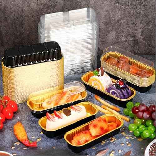 Qunclay 200 Pcs Aluminum Foil Mini Loaf Pans with Lids 6.8 oz Disposable Mini Cake Pan with Lid Rectangle Baking Cups for Party Muffin Cheesecake Ramekins(Black Gold) - Image 6