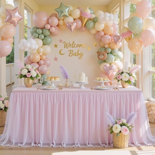 CO-AVE 2pack Pink Tulle Tablecloth for 6ft Rectangular Tables, 2-in-1 Elastic Stretch Spandex Cover with Tutu Ruffle Skirt, Wrinkle Free for Wedding, Birthday, Banquet, Buffet, Bridal Shower - Image 6