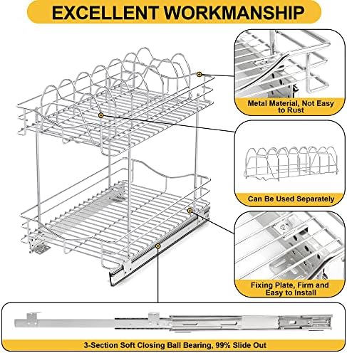 FULGENTE Pull Out Cabinet Pots and Pans Organizer 11" W x 18" D 2 Tier Wire Basket for Lid Cookware Drawer Slide Out Kitchen Cupboard Organization Shelves Shelf for Pantry Roll Out Storage, Chrome - Image 6