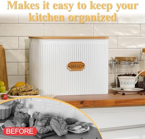Extra Large Vertical Stripe Embossed Bread Box with Bamboo Lid | Corner Breadbox for Homemade Bread, White Metal Bread Storage Container Bin for Kitchen Countertop, Fits 2 Loaves of Bread - Image 7