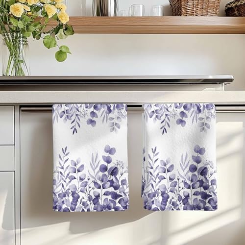 Purple Eucalyptus Kitchen Towels Set of 3, Absorbent Dish Towels for Kitchen, Botanical Summer Leaves Country Floral Microfiber Hand Towel, Quick Drying Tea Towel for Cleaning Decorative Dishcloths - Image 7