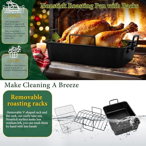 E-far Roasting Pan with Racks, Small Stainless Steel Turkey Roaster with V-Shaped & Cooling Rack for Oven, 14 Inch Nonstick Deep Broiler Pan with Handles for Baking Chicken Lasagna Meat, Heavy Duty - Image 7