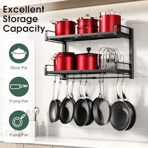 19"- 30" Expandable Hanging Pot Rack, 2 Tier Heavy Duty Wall Mounted Pots and Pans Organizer with 10 Hooks and 5 Pot Lid Holders, Pot Hanger Shelf for Kitchen Cookware Utensils Organizers and Storage - Image 6