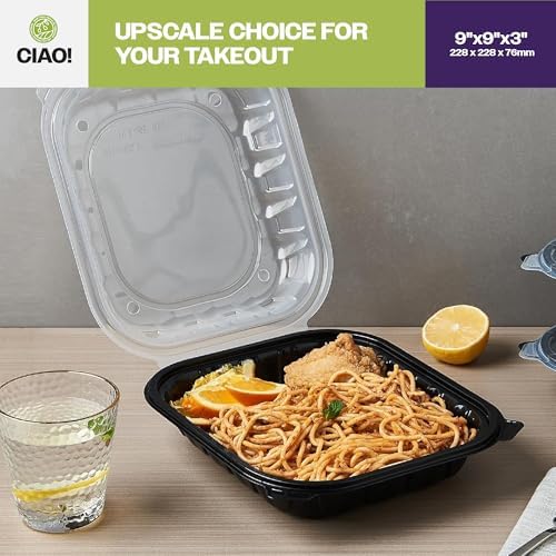 CIAO! 9"x9"x3" Polypropylene Black bottom with Clear Lid Hinged Container 1 Compartment Take Out Container, Microwavable, Recyclable and Reusable, (Case of 150) - Image 7