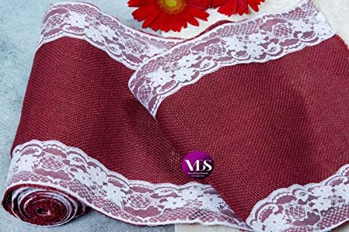 VDS Pack of 12, Burlap Table Runner with White Lace Edge, 100% Natural Jute Rustic Hessian Table Cloth Centerpiece for Wedding Birthday Party Banquet Table Decoration (Size 12X108 Inch)(Maroon) - Image 6