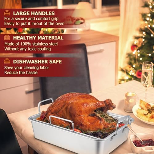 P&P CHEF Roasting Pan,8 PCS, 14 Inch Stainless Steel Turkey Roaster Pan Set - Image 7