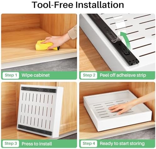 4 Pack Pull out Cabinet Organizer, 21"Deep, Heavy Duty Full-extension Slide out Drawers for Kitchen Cabinet, Roll out Shelf Storage with Nano Adhesive for Pots, Bathroom, Pantry, Home, White - Image 7