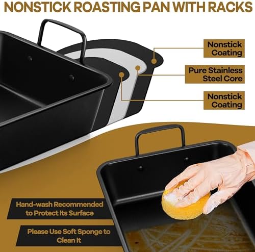 P&P CHEF 16" Roaster Roasting Pan with Baking Rack and V-shaped Rack, Stainless Steel Rectangular Lasagna Pan with Handles for Turkey Chicken, Healthy & Dishwasher Safe, 3 Pieces, Black - Image 7