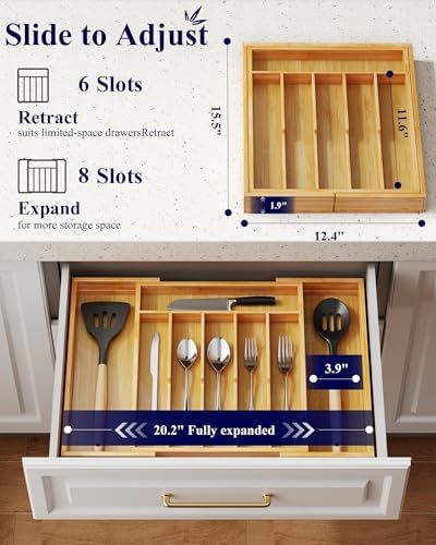 Kitsure Silverware Organizer, Bamboo Kitchen Drawer Tray, Natural, X-Large - Image 2