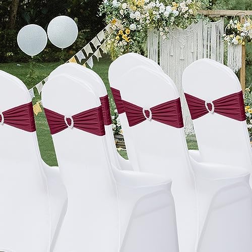 Pack of 30 Spandex Chair Sashes Bows Stretch Chair Cover Band with Buckle Slider Universal Elastic Chair Ties for Wedding Banquet Party Event Decoration (Burgundy) - Image 7