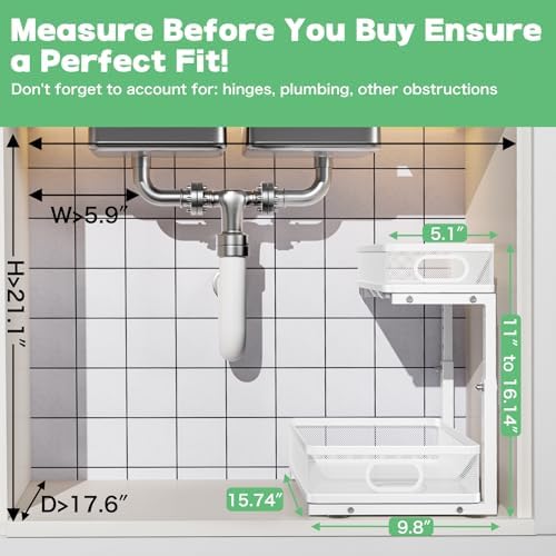 Under Sink Organizer 2 Pack, High Adjustable 2 Tier Under Sink Organizers and Storage, Slide out Metal Cabinet Organizers, Pull out Storage Drawer Shelf for Kitchen Bathroom Cabinet (White) - Image 6
