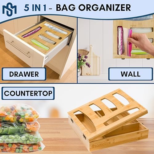 Storage Bag Holder, Baggie Organizer for Drawer or Wall Mount, Compatible with Gallon, Quart, Sandwich, Snack Size Bags, 1 Box 5 Slots, Bamboo Drawer Organizer, Baggie Holder - Image 6