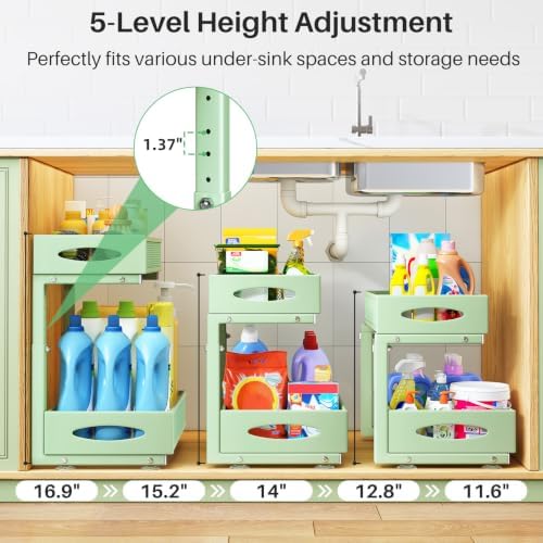 2 Pack Under Sink Organizer, 2 Tier Pull out Cabinet Organizer Mesh Baskets with 5 Adjustable Heights, Sliding Drawers Storage Shelf for Home, Kitchen, Bathroom, Pantry, Office, Countertop ,Green - Image 3