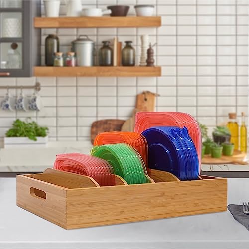 Bamboo Lid Holder Food Container, Kitchen Organizer with 5 Adjustable Dividers, Cabinet Organizer for Food, Kitchen Gadget, Container Lids (2pcs) - Image 6