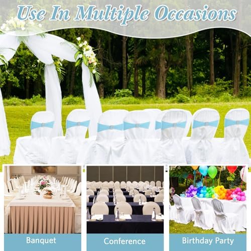VitalCozy 150 Pcs Spandex Chair Sashes with Square Buckle Slider Stretch Chair Cover Band Universal Elastic Ties Straps Bows for Wedding Banquet Event Party Decoration(Blue) - Image 5
