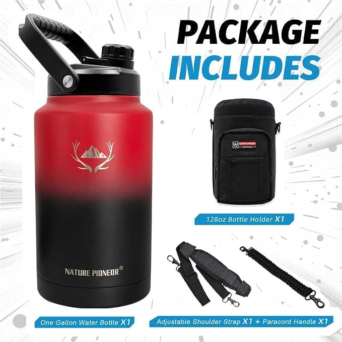 NATURE PIONEOR 1 Gallon (128oz) Insulated Water Bottle Jug with Carrier Bag | 18/8 Food-grade Stainless Steel, Double Vacuum Insulation, Wide-Mouth, Straw & Spout Lid, Strap, Camping, Hiking, Gym, Work - Image 9