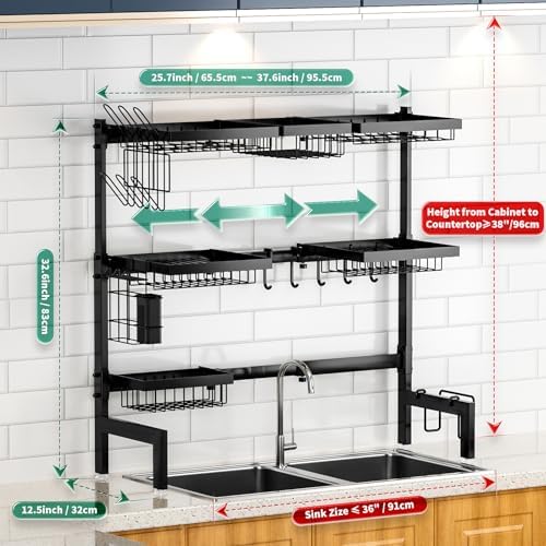 Over The Sink Dish Drying Rack,Expandable Length 3-Tier Large Stainless Steel Over The Sink Dish Rack with 6 Baskets, Utensil Holder Dish Drainers for Kitchen Counter - Image 7