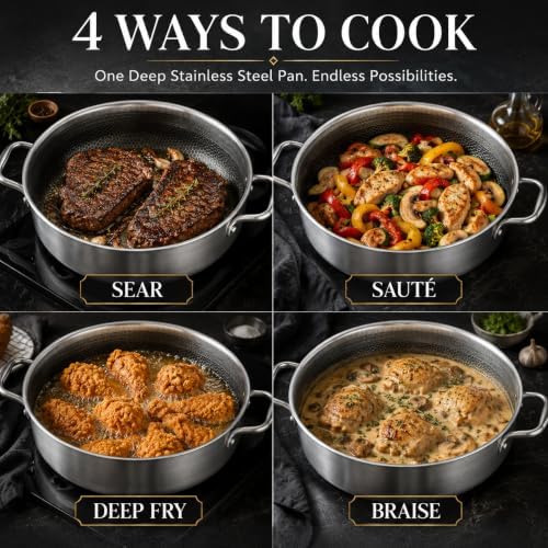 Tri-Ply Stainless Steel 7 Quarts Saute Pan, 12 Inch Nonstick Skillet with lids, Fast even Heat cookware, Hybird Large Frying Pan, 18/10 Chef's Cooking Pan, Induction Pan, Dishwasher and Oven Safe - Image 6