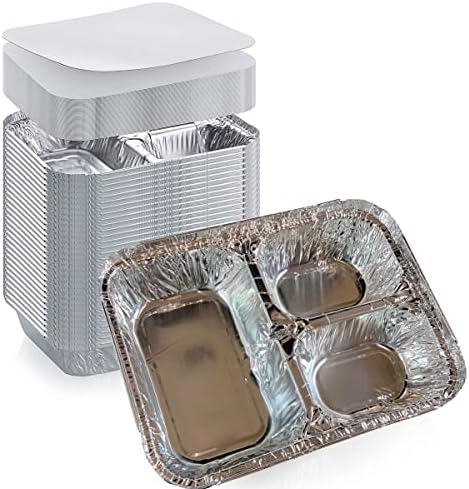 Disposable Aluminum Foil Tray with Paper Board Lids (Pack of 20 sets) – 3 Compartment Foil Pan by DHGPROFESSIONAL