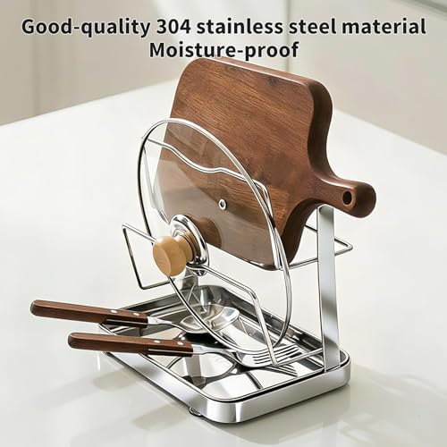 304 Stainless Steel Pot Lid Holder & Spoon Rest While Cooking, Kitchen Storage Rack, Stove Top Organizer for Pan Lids, Multifunctional Cover Stand with Removable Drip Tray - Image 7