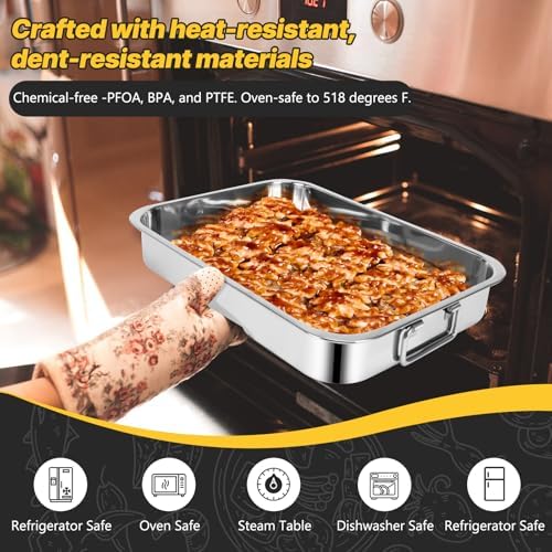 2 Pcs 12.7"15.5" Stainless Steel Roasting Pans with Handles, Baking Pan for Oven with 2 Pcs Flat Racks, Heavy Duty, Dishwasher Safe Rectangular Lasagna Pan with Handles for Turkey Chicken, Silver - Image 7