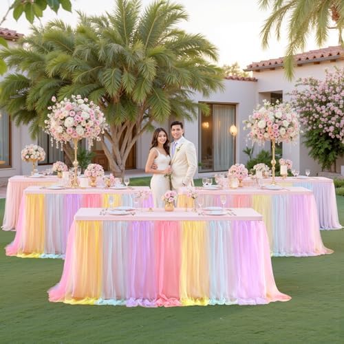 Pastel Rainbow Table Cloths for Parties Tulle Table Skirts Rectangle Tables 6ft Fitted Spandex Table Covers Stretch Elastic Banquet Wedding Baby Shower Birthday Party Table Cloths 6 Foot Rectangle - Image 7