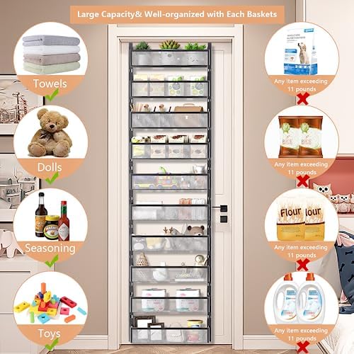10-tier Over The Door Pantry Organizer with Mesh Baskets, Adjustable & Stable Hanging Spice Rack for Kitchen, Bathroom, Bedroom, and Baby Essentials Storage (16" W 10-Tiers, Black) - Image 7