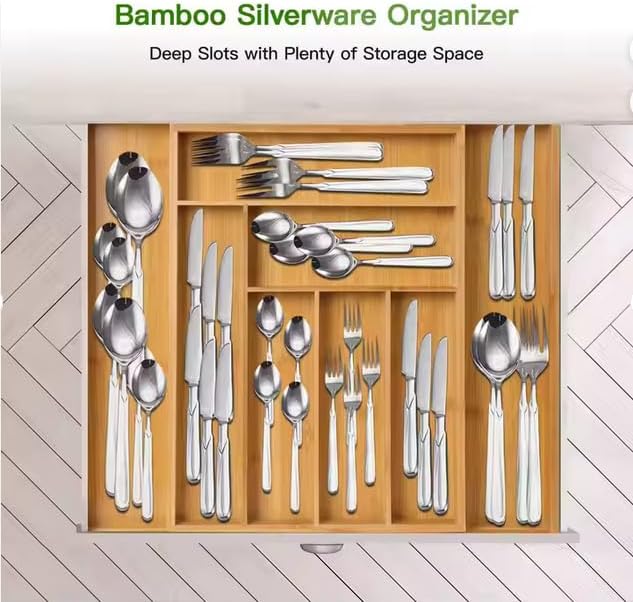 Kitchen Drawer Organizer Expandable Bamboo, Utensil Organizer for Kitchen Drawer, Adjustable Silverware Organizer Tray 13–19.6”, Wooden Cutlery Drawer Organizer, Deep Compartments (4) - Image 7